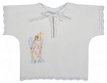 Крестильный набор для мальчика до 1 года, рубашка,чепчик и полотенце, с белым кружевым и вышивкой (арт. 15636)