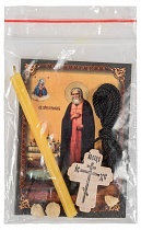 Крест нательный деревянный (в наборе с иконой "Преподобного Серафима Саровского", свечой и ладаном) 