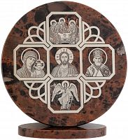 Икона "Троица, Спаситель, Пресвятая Богородица, Николай Чудотворец, Ангел Хранитель" из обсидиана