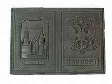 Обложка для гражданского паспорта "Кремль" из натуральной кожи с молитвой (цвет: черный)
