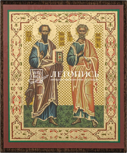 Икона святых апостолов Петра и Павла (на дереве с золотым тиснением, 80х60 мм)