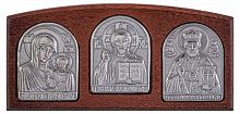 Икона автомобильная Тройник "Спаситель, Богородица, Николай" дерево, серебрение (арт. 12690)