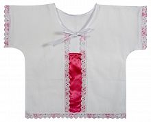 Крестильная рубашка для девочки до 1 года, белая с вышивкой и розовой атласной вставкой (арт. 15434)