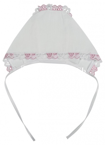 Крестильная рубашка для девочки до 1 года, белая с вышивкой и розовой атласной вставкой (арт. 15434) фото 2