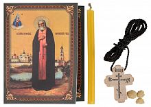Крест нательный деревянный (в наборе с иконой "Преподобного Серафима Саровского", свечой и ладаном) 