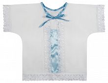 Крестильная рубашка для мальчика до 1 года, белая с вышивкой и синей атласной вставкой (арт. 15433)