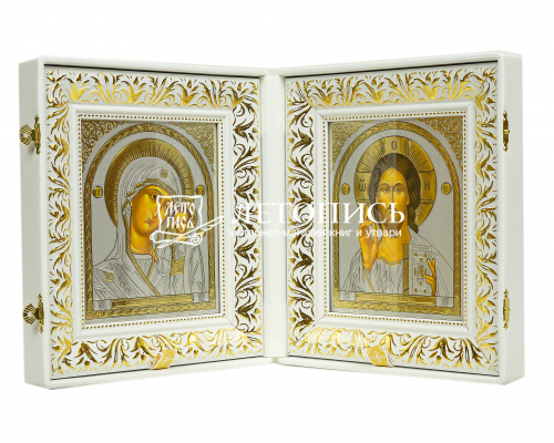 Складень венчальный, белая кожа, вышитый крест и уголки (арт. 19419)