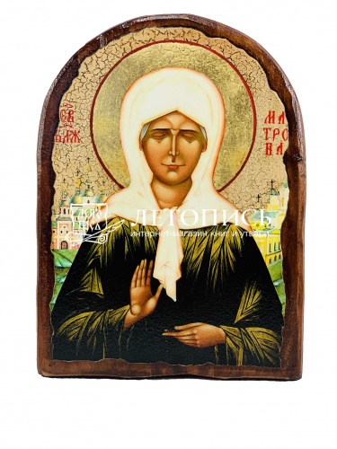 Икона "Святая блаженная Матрона Московская" на состаренном дереве и холсте, арка (арт. 12804)