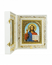 Складень венчальный, белый жаккард, 2 замка, кожа, стекло (арт. 19627)