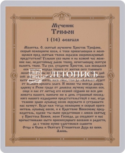 Икона "Святой мученик Трифон" (ламинированная с золотым тиснением, 80х60 мм) фото 2