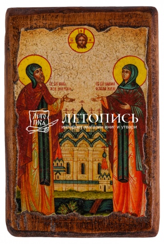 Икона "Святые благоверные князь Петр и княгиня Феврония, Муромские чудотворцы" на состаренном дереве и холсте (арт. 12824)