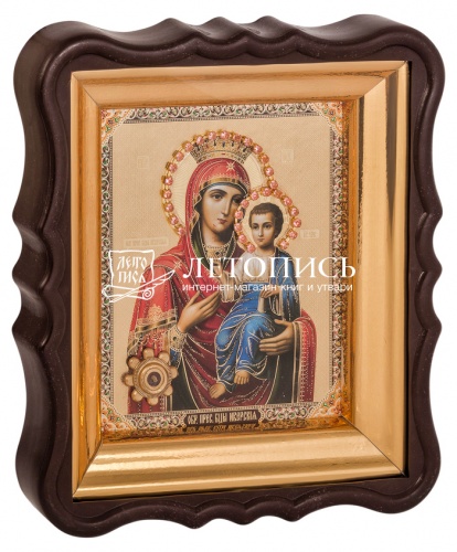 Икона  Божией Матери "Иверская" с мощевиком, в фигурной рамке 
