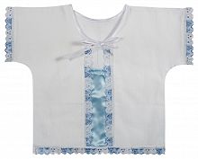 Крестильный набор для мальчика от 1 до 3 лет, рубашка и чепчик, ручная вышивка голубымим атласными лентами