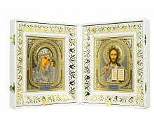 Складень венчальный, белая кожа, вышитый крест и уголки (арт. 19420)