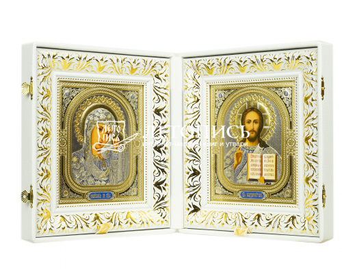 Складень венчальный, белая кожа, вышитый крест и уголки (арт. 19420)