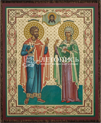 Икона "Святые мученики Адриан и Наталия" (на дереве с золотым тиснением, 80х60 мм)