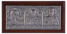 Икона автомобильная Тройник "Спаситель, Богородица, Николай" дерево, серебрение (арт. 12693) 