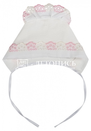 Крестильный набор для девочки до 1,5 года, рубашка, чепчик, распашонка и простынка, с розовым кружевом и вышивкой (арт. 15505) фото 3