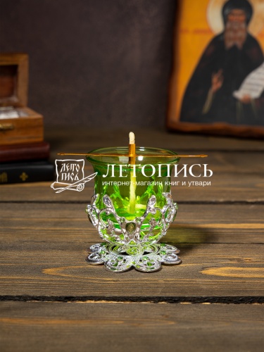 Лампада зеленая из стекла в серебрянном металлическом подстаканнике  фото 2