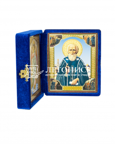 Складень Ангел Хранитель, Преподобный Сергий Радонежский, парча синяя фото 6