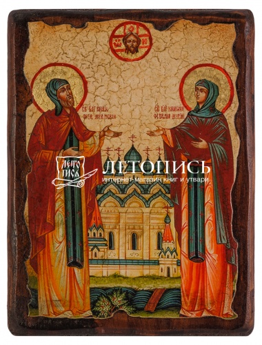 Икона "Святые благоверные князь Петр и княгиня Феврония, Муромские чудотворцы" на состаренном дереве и холсте (арт. 12821)