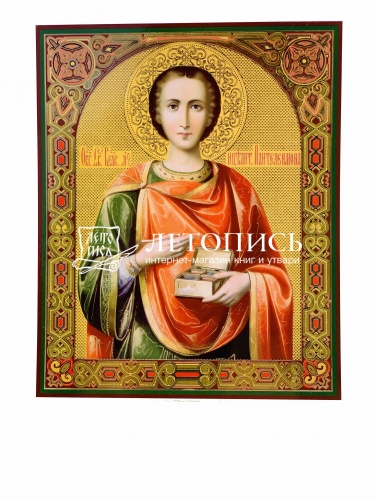 Икона "Святой великомученик и целитель Пантелеимон" (ламинированная с золотым тиснением, 185х150 мм)