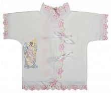 Крестильный набор для девочки до 1,5 года, рубашка, чепчик, распашонка и простынка, с розовым кружевом и вышивкой (арт. 15505)