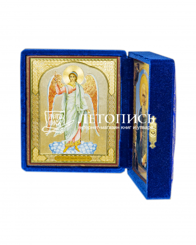 Складень Ангел Хранитель, Преподобный Сергий Радонежский, парча синяя фото 5