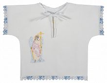 Крестильный набор для мальчика до 1 года, рубашка,чепчик и полотенце, с голубым кружевым и вышивкой (арт. 15637)