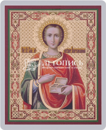 Икона "Святой великомученик и целитель Пантелеимон" (ламинированная с золотым тиснением, 80х60 мм)