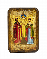 Икона "Благоверные Петр и Феврония Муромские" на состаренном дереве 100х70 мм 
