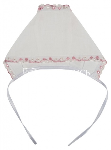 Крестильный набор для девочки до 1 года, рубашка,чепчик и полотенце, с розовым кружевым и вышивкой (арт. 15635) фото 3