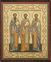Икона "Трех святителей Василия Великого, Григория Богослова и Иоанна Златоуста " (на дереве с золотым тиснением, 80х60 мм)